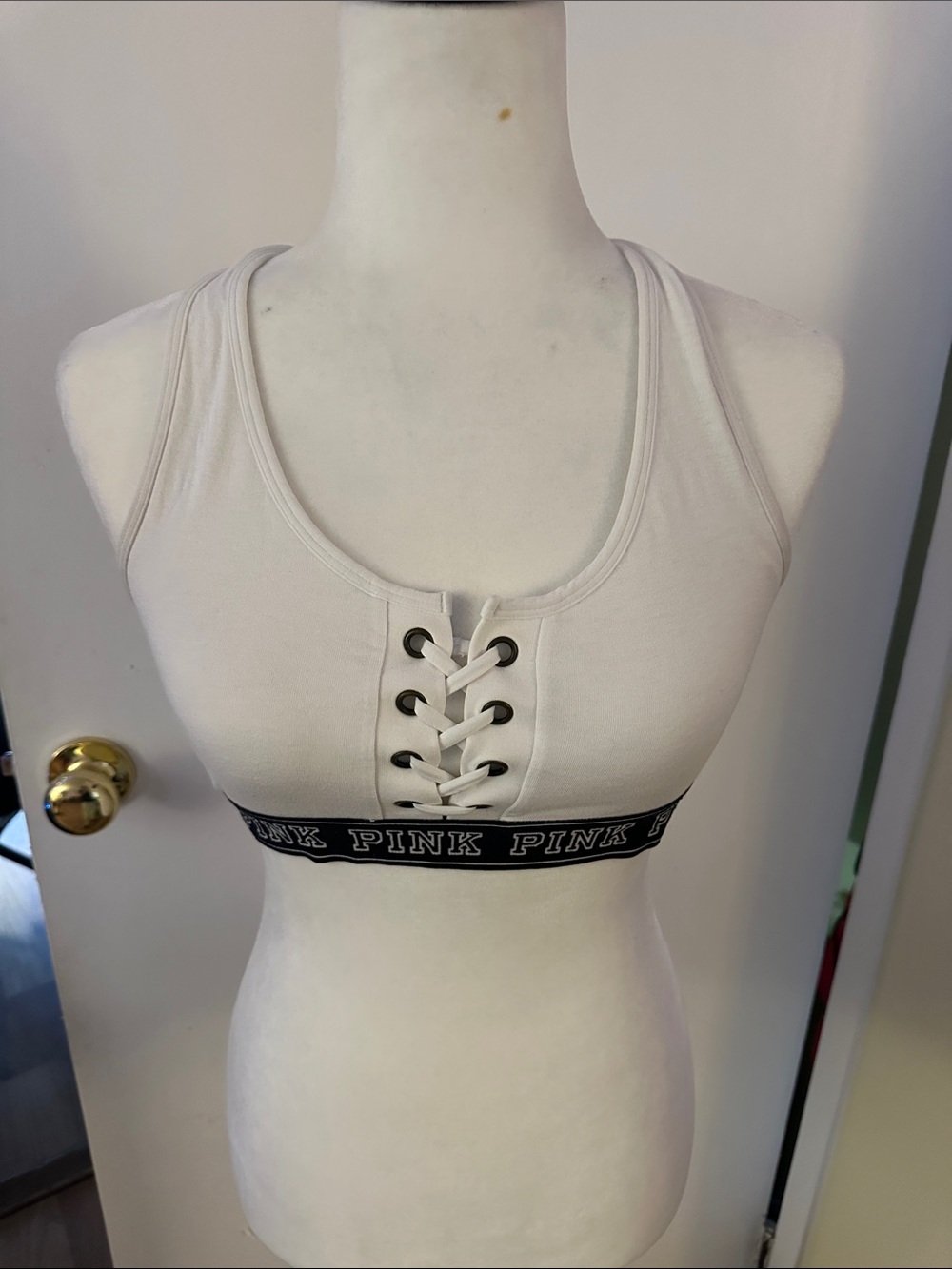 PINK Victoria's Secret White Racerback Sports Bralette with Black Logo Band